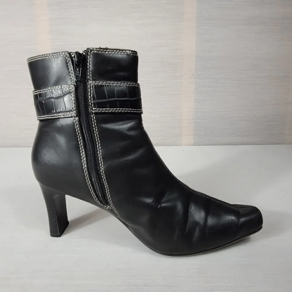 Predictions Black Leather Ankle Heel Boots